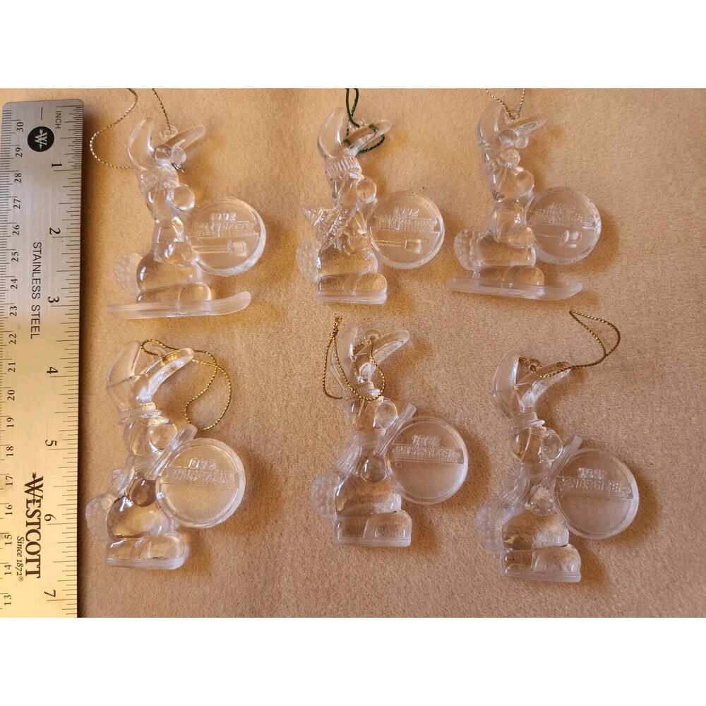 Six 1992 Energizer Bunny Clear Plastic Christmas Ornaments
